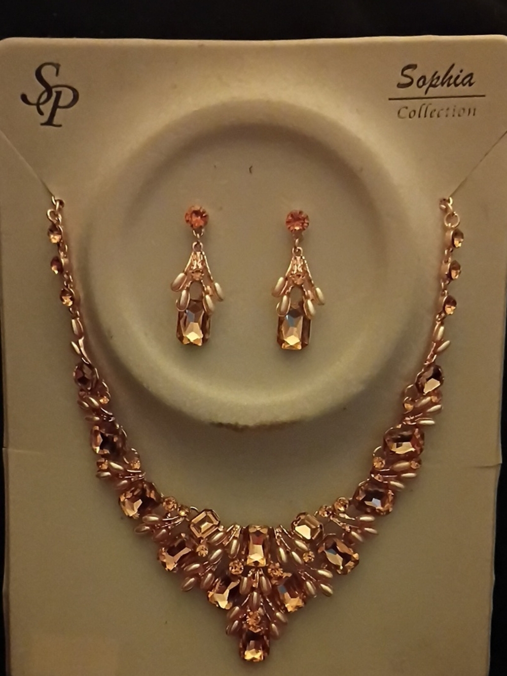 Sophia Collection Rose Gold Crystal Bib Necklace with Drop Earrings